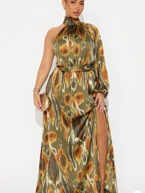 Fashion Nova | Olive Multi One-Shoulder Maxi Dress